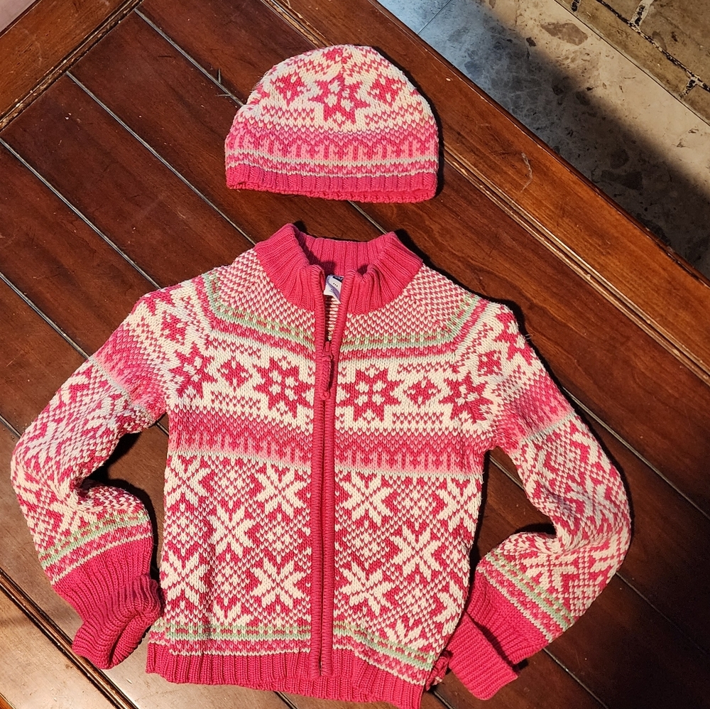 GAP Pink and White Knit Sweater With Hat